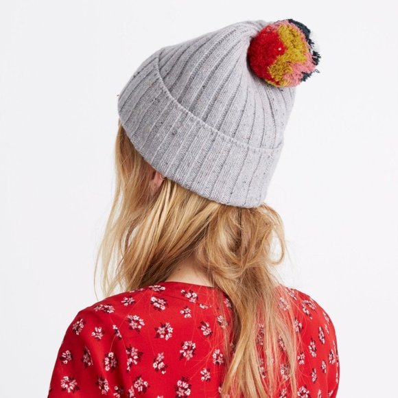Madewell Rainbow Pom Pom 100% Merino Wool Light Gray Multicolored Beanie - Picture 1 of 6